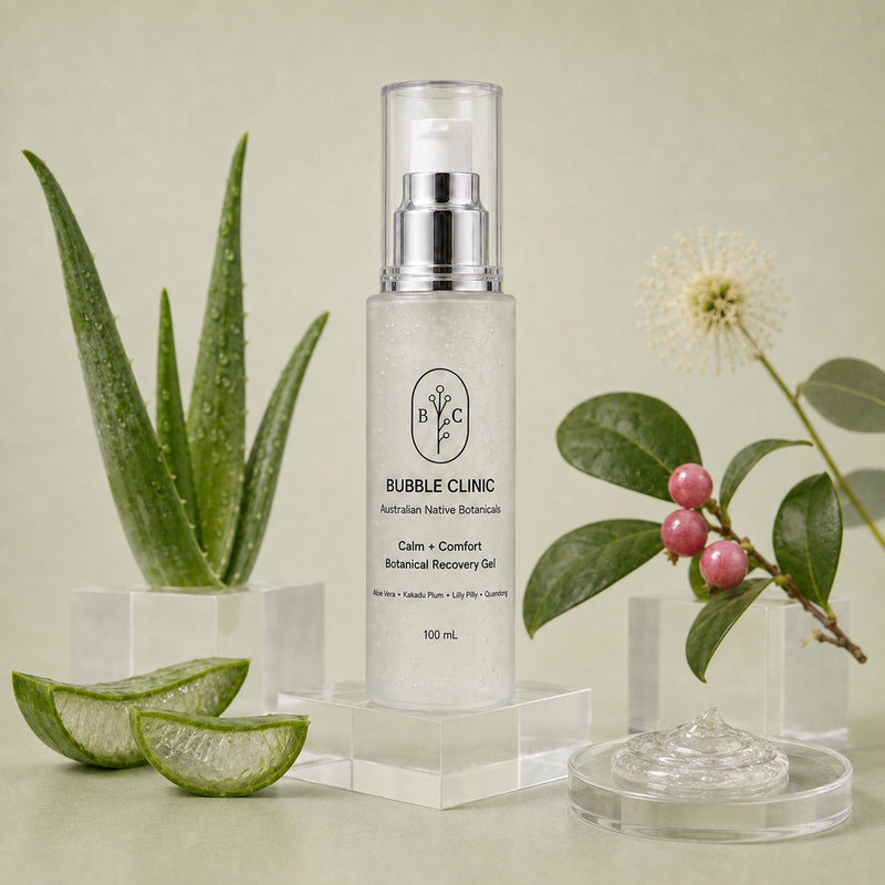 Bubble Clinic Calm + Comfort Botanical Recovery Gel 100 mL with clear gel texture, Aloe Vera and Australian native botanical styling