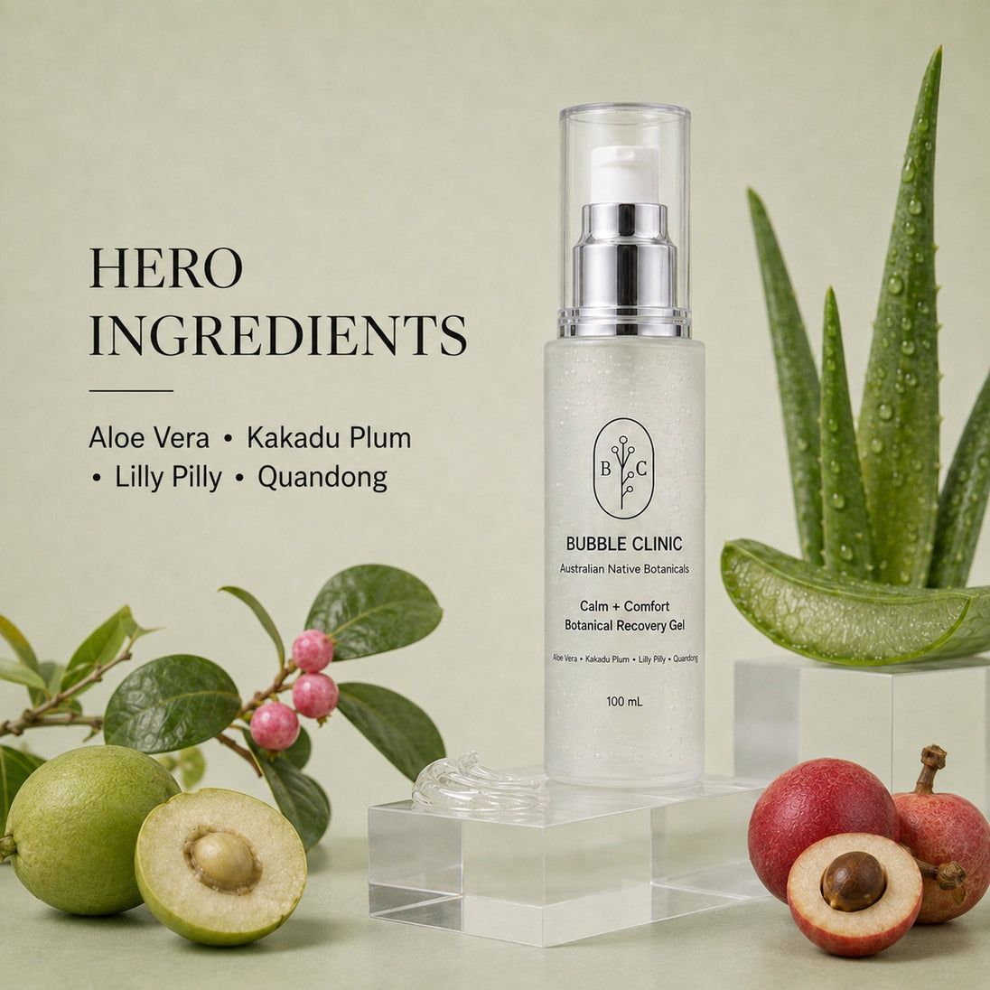 Bubble Clinic Calm + Comfort Botanical Recovery Gel with Aloe Vera, Kakadu Plum, Lilly Pilly and Quandong hero ingredients