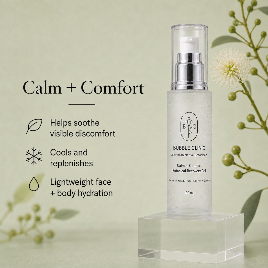 Bubble Clinic Calm + Comfort Botanical Recovery Gel for soothing visible discomfort, cooling refreshment and lightweight face and body hydration