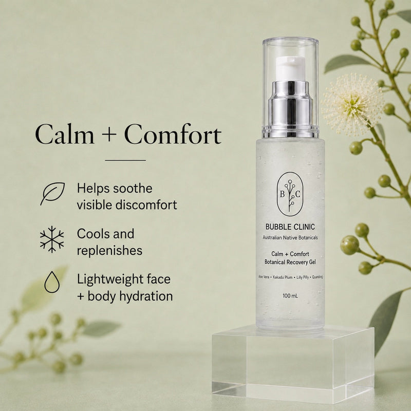 Bubble Clinic Calm + Comfort Botanical Recovery Gel for soothing visible discomfort, cooling refreshment and lightweight face and body hydration