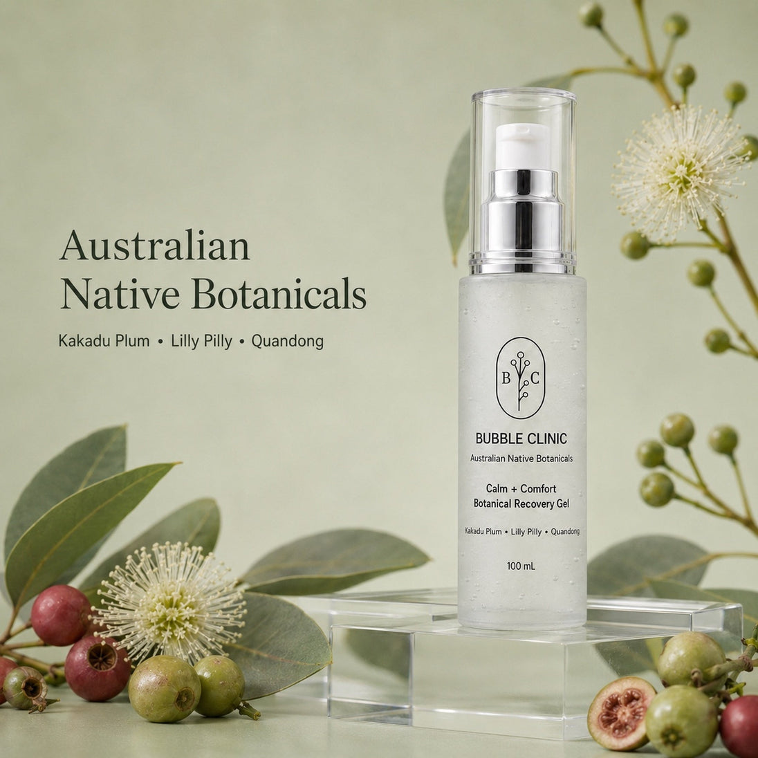 Bubble Clinic Calm + Comfort Botanical Recovery Gel with Kakadu Plum, Lilly Pilly and Quandong Australian native botanical highlights