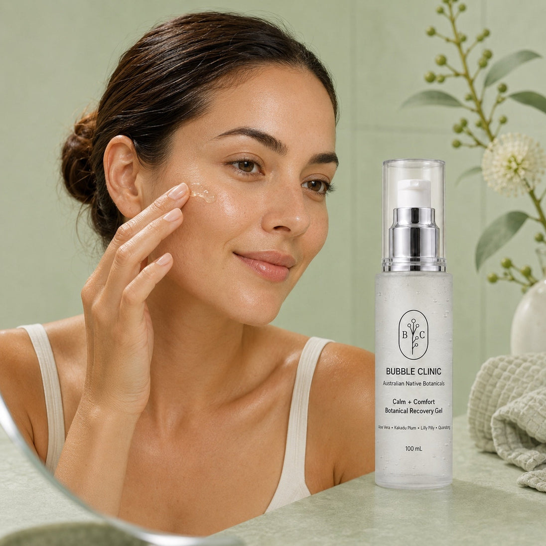 Woman applying Bubble Clinic Calm + Comfort Botanical Recovery Gel to the face for lightweight soothing hydration