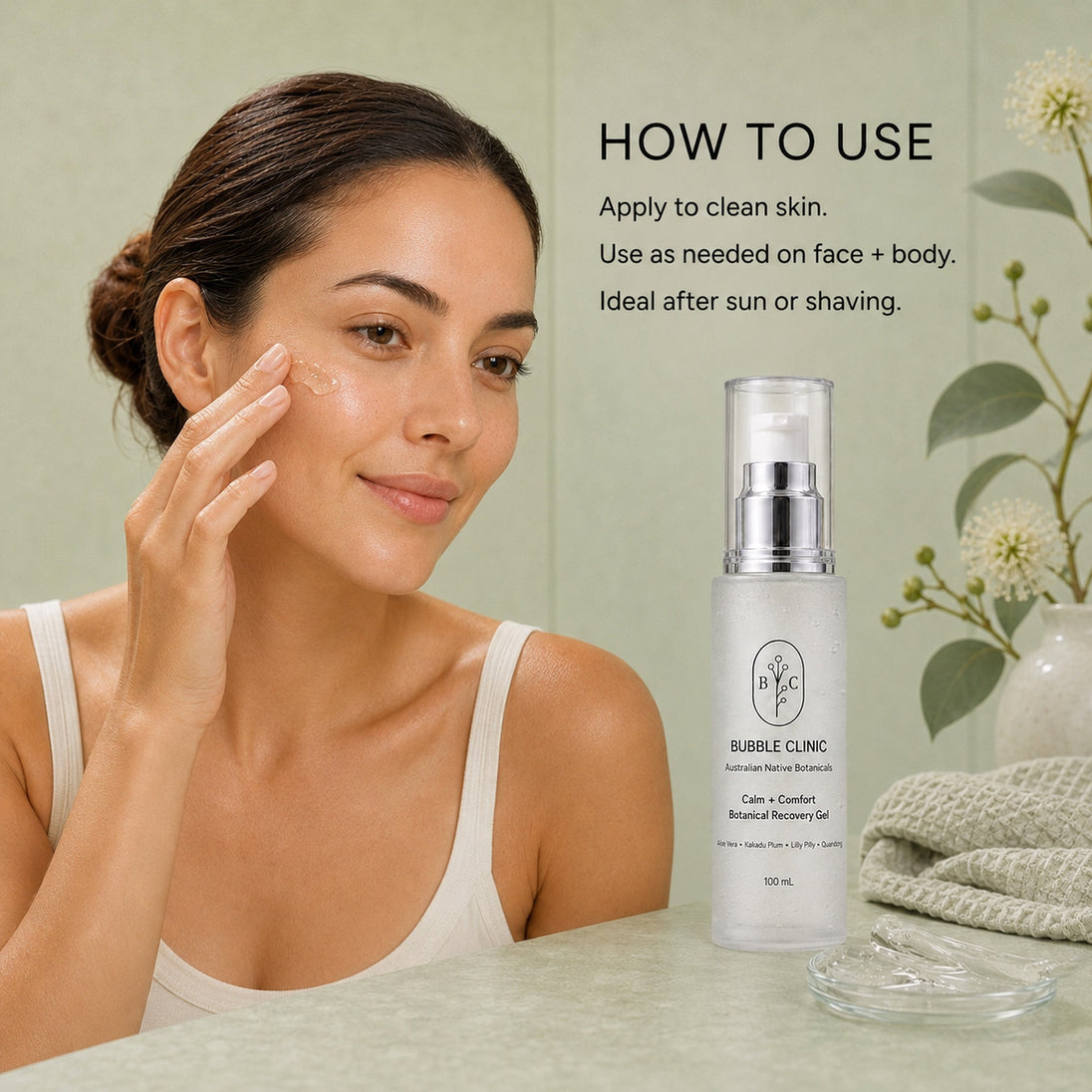 Woman applying Bubble Clinic Calm + Comfort Botanical Recovery Gel to clean skin for lightweight face and body hydration