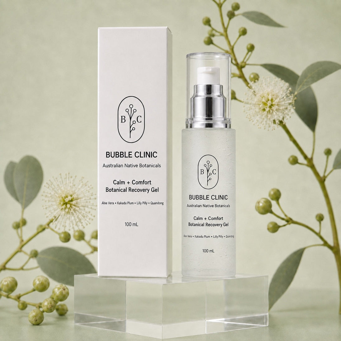 Bubble Clinic Calm + Comfort Botanical Recovery Gel 100 mL with Australian Native Botanicals packaging and muted sage botanical styling