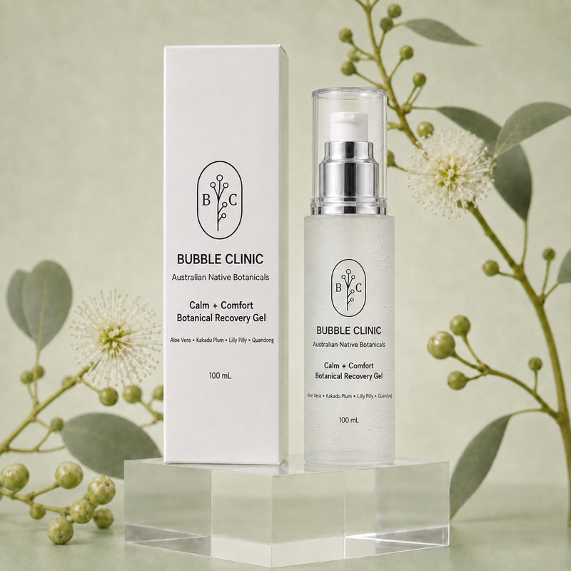 Bubble Clinic Calm + Comfort Botanical Recovery Gel 100 mL with Australian Native Botanicals packaging and muted sage botanical styling