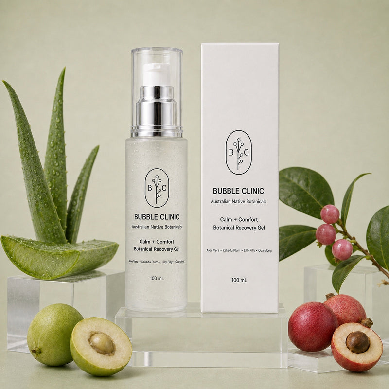 Bubble Clinic Calm + Comfort Botanical Recovery Gel 100 mL with matching carton, Aloe Vera and Australian native botanical ingredients on muted sage backdrop