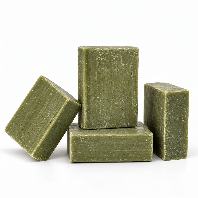 Lebanese olive and laurel oil soap bar close-up, 140g fragrance-free formula