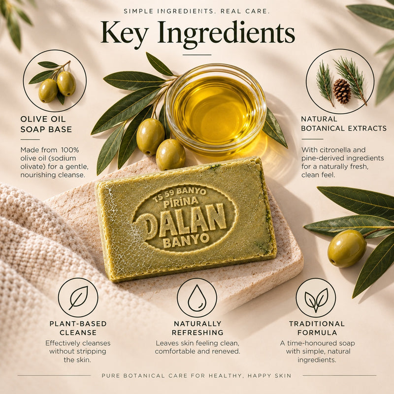 Dalan Pirina olive oil soap ingredients with olive oil, citronella and pine-derived aromatic ingredients