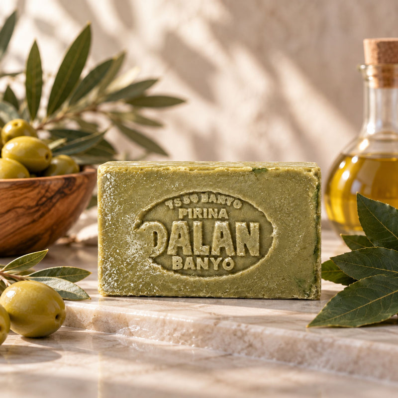 Traditional Turkish olive oil soap 180g in a Mediterranean-inspired lifestyle setting
