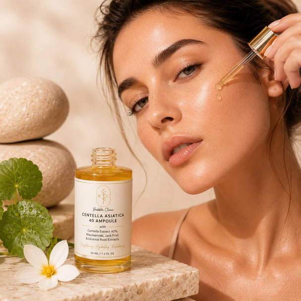 Bubble Clinic Centella Asiatica 40 Ampoule with Centella extract and niacinamide as a model applies the hydrating facial serum for glowing, healthy-looking skin.