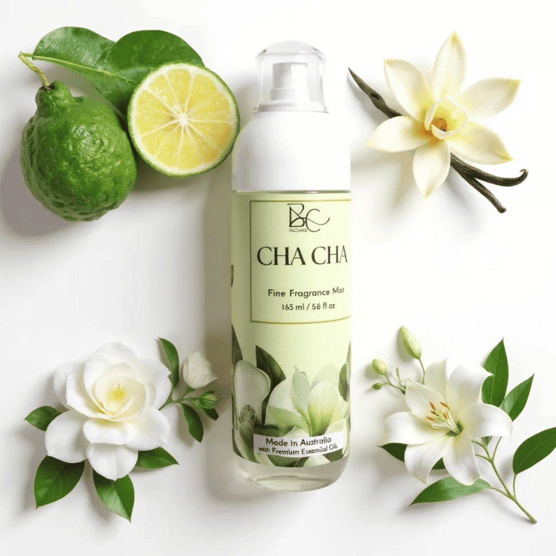 Fine mist spray bottle, translucent to reveal premium quality body spray with floral fruity essential oils with images of botanicals and fruit to highlight the natural ingredients in the  body spray.