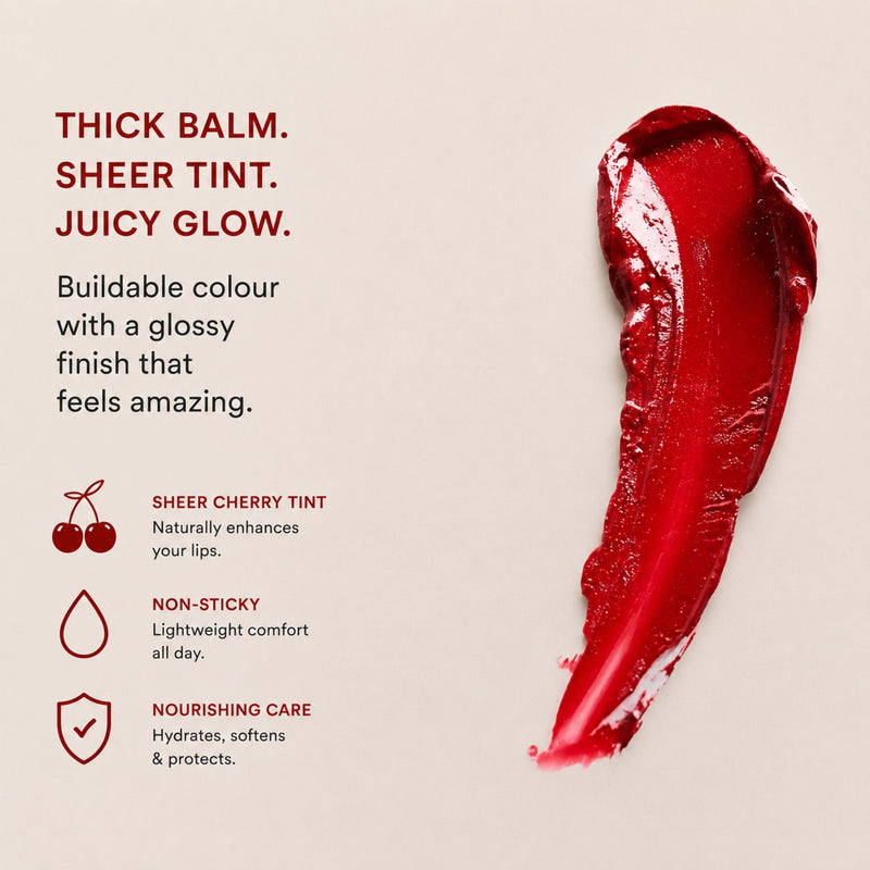 Smooch Cherry Bomb tinted lip oil thick balm texture with glossy sheer cherry swatch