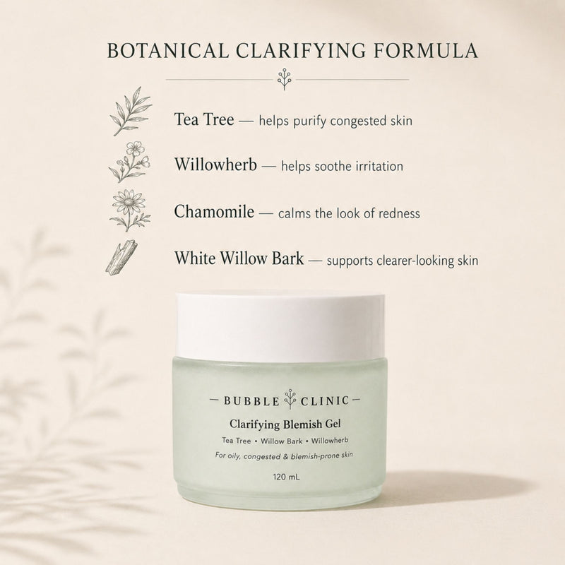 Botanical clarifying formula with tea tree, willowherb, chamomile and white willow bark for breakout-prone skin