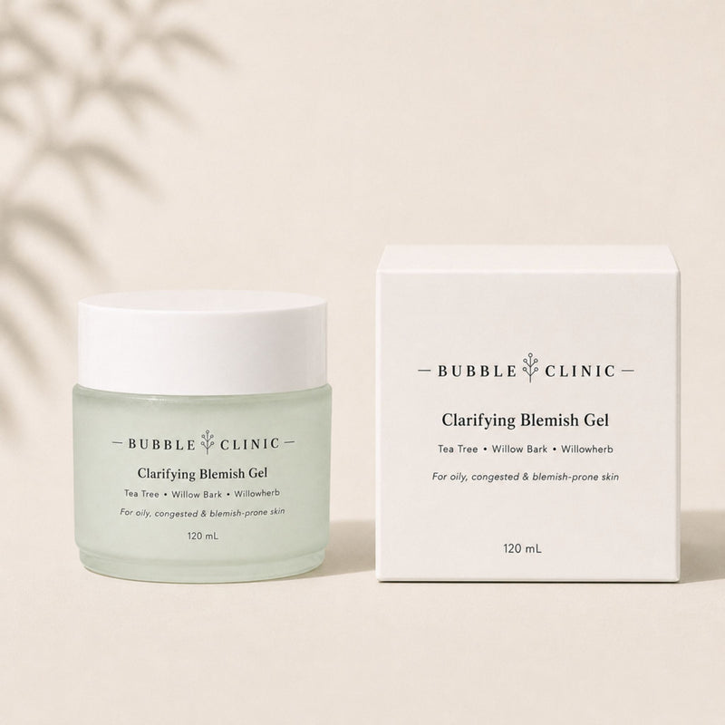 Bubble Clinic Blemish Control Clarifying Gel 120 mL jar and carton with tea tree and willow bark