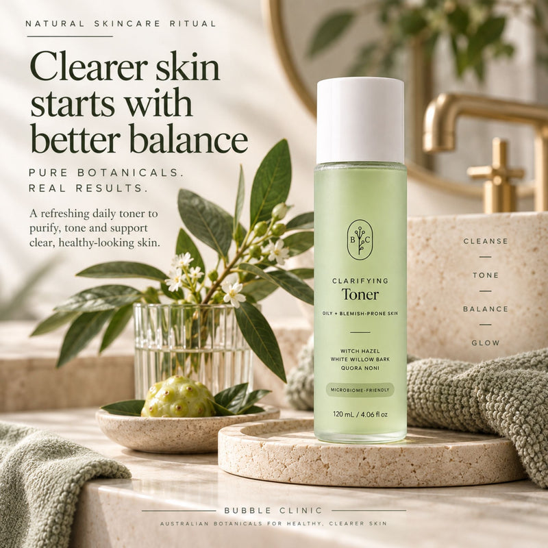 Bubble Clinic Australian botanical clarifying toner in premium bathroom setting