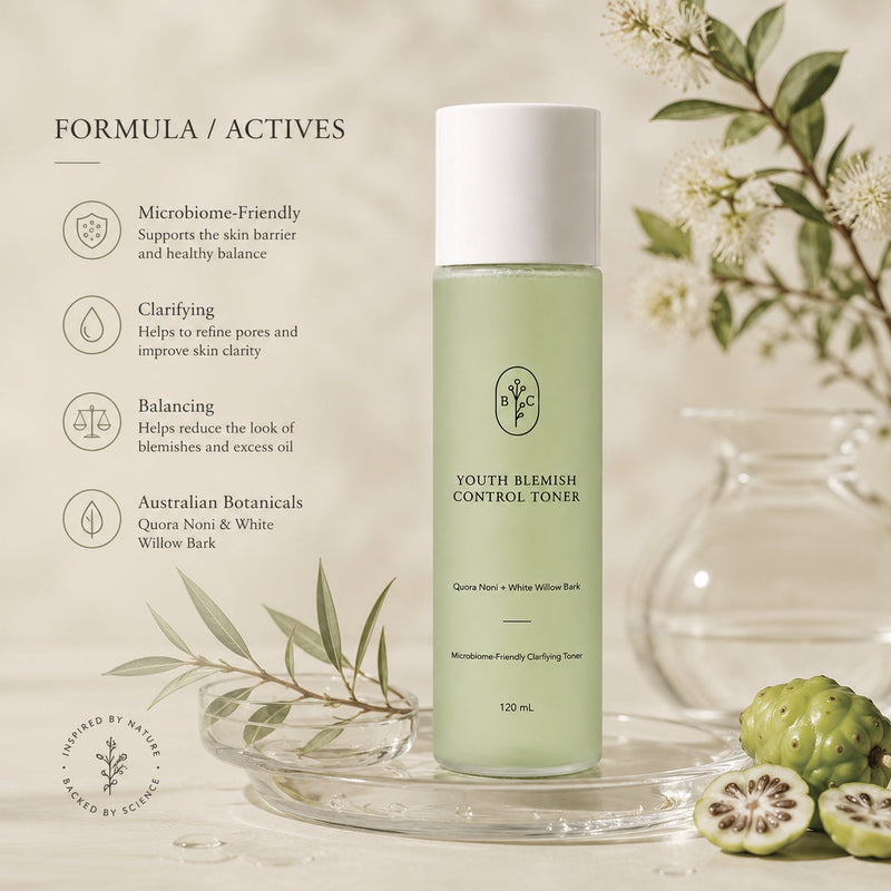 Clarifying toner formula for oily blemish prone skin with Quora Noni microbiome support and white willow bark