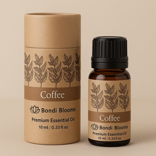 Decorated Craft Packaging Cylinder and amber bottle of 10 ml Coffee Essential Oil. Pure, undiluted premium coffee essential oil. 