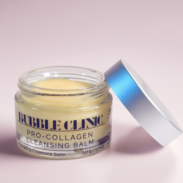Jar of Bubble Clinic Pro-Collagen Cleansing Balm with a white lid on a pink background representing best natural Australian made cleansing balm and makeup removers with collagen and squalane.