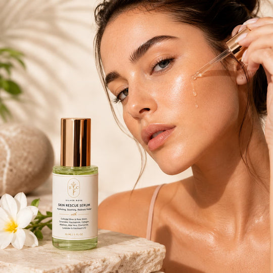 nicacinamide and collaged serum being applied by a woman onto her cheek representing best soothing anti aging serum Australian Made