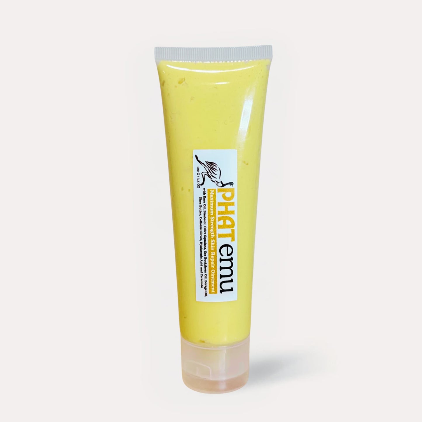 tube eczema relief cream, yellow hue of organic sea buckthorn oil. Label highlighting dermatologist and Eczema Foundation recommended ingredients - borage, sea buckthorn, olive squalane.