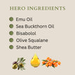Emu Oil Barrier Moisturiser hero ingredients with emu oil, sea buckthorn oil, bisabolol, olive squalane and shea butter