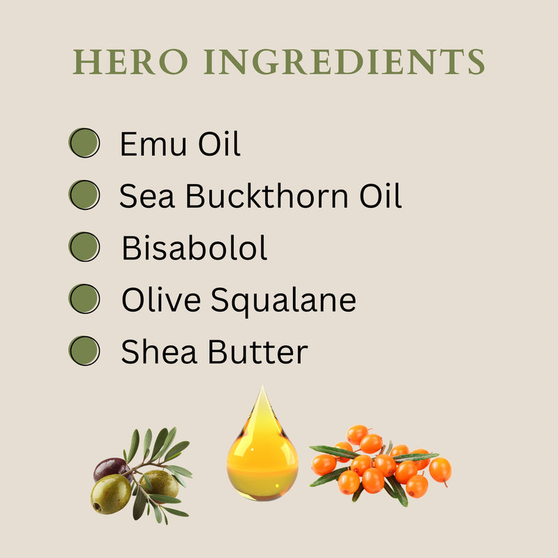 Emu Oil Barrier Moisturiser hero ingredients with emu oil, sea buckthorn oil, bisabolol, olive squalane and shea butter