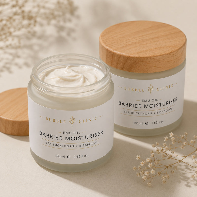Emu oil moisturiser open jar and cream texture for dry-feeling skin with sea buckthorn and bisabolol
