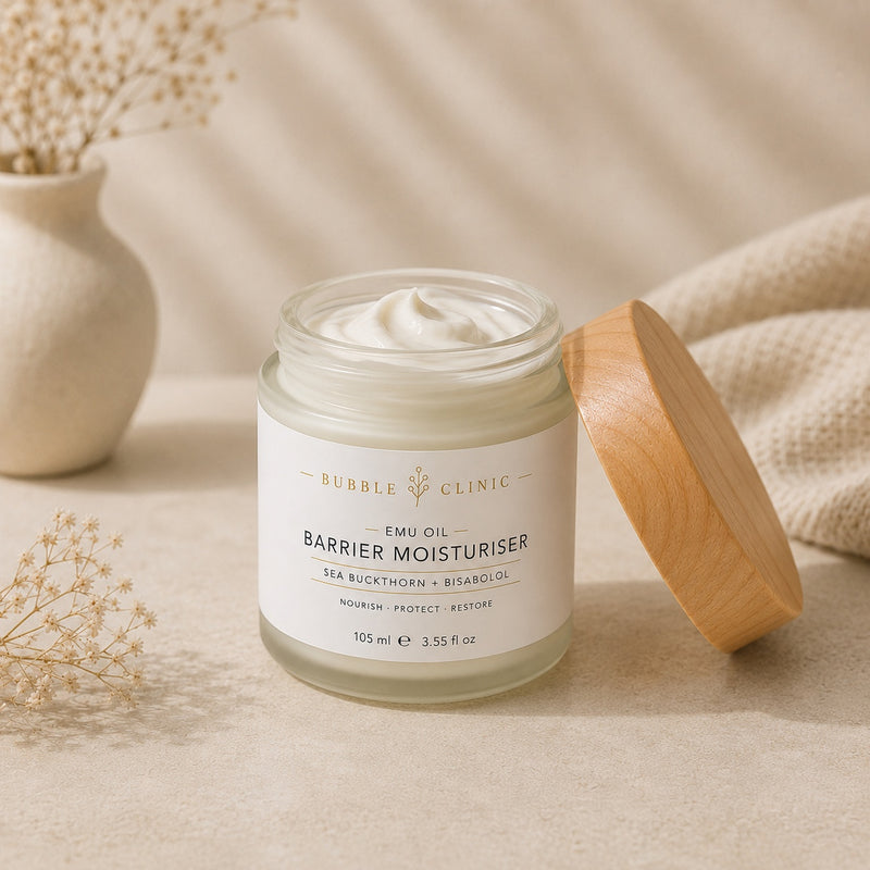 Emu oil barrier moisturiser 105 mL open jar showing rich cream texture with sea buckthorn and bisabolol