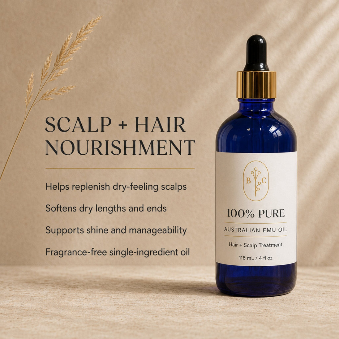 Australian Emu Oil scalp and hair nourishment benefits listed nest to blue cobalt dropper bottle