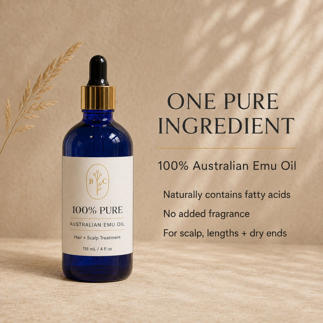 Single-ingredient Australian Emu Oil formula information listed next to close up of 118 ml dropper bottle of pur australian emu oil