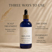 Three ways to use Australian Emu Oil for scalp, dry ends and overnight care informational steps with pure Australian Emu oil bottle.