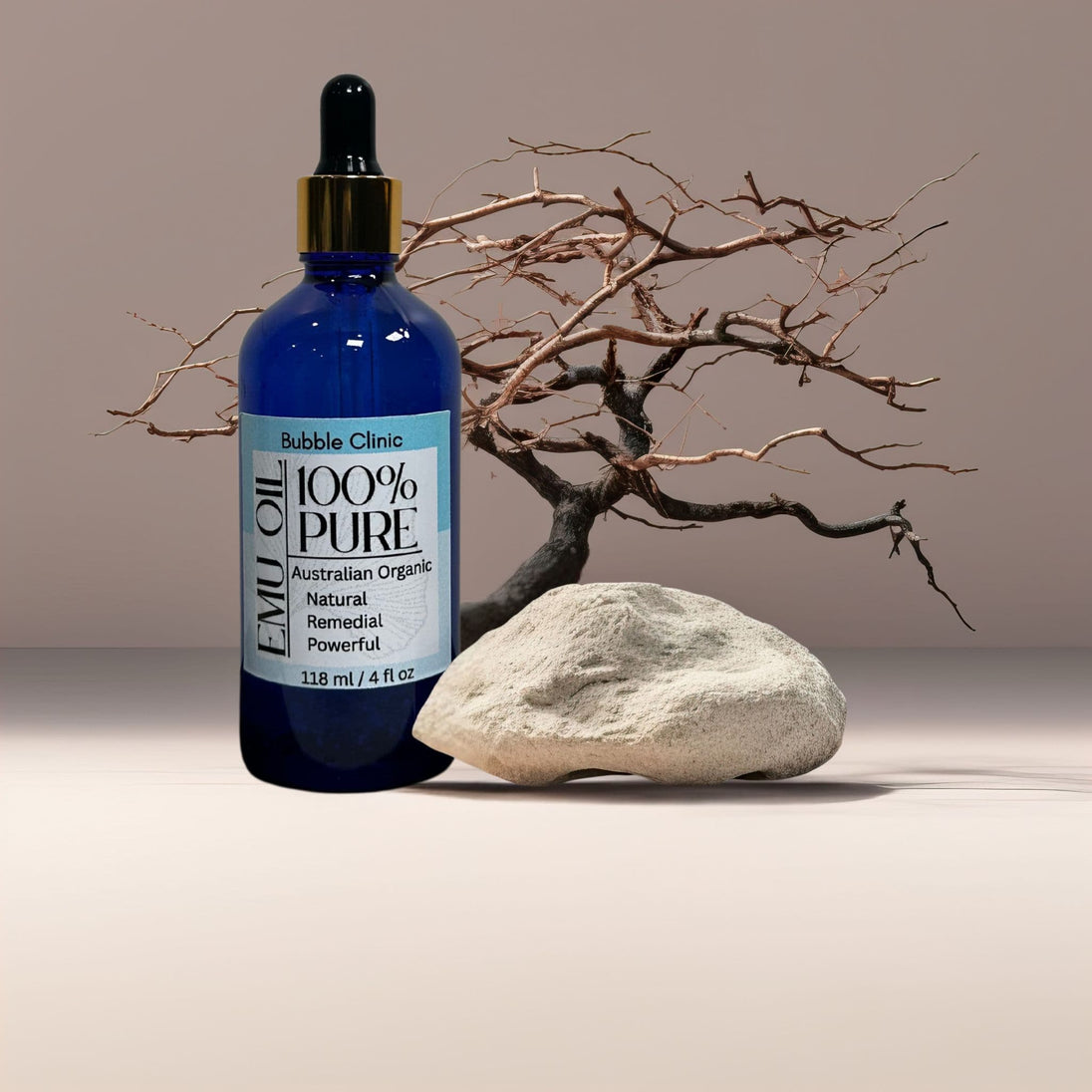 Natural Organic Australian Emu Oil - pure organic against background of  botanicals and earthy tones representing Natural Australian Skincare.