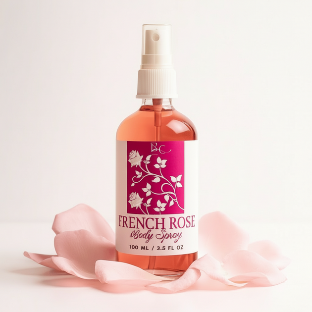 Body Fragrance Mist Rise Scented in glass fine mist sprayer, upright on a light marble surface with pink rose petals showcasing its elegant and luxurious design.