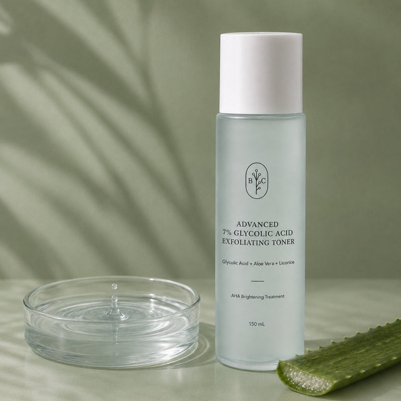 Glycolic acid toner 150 mL with lightweight watery texture and aloe vera on muted sage
