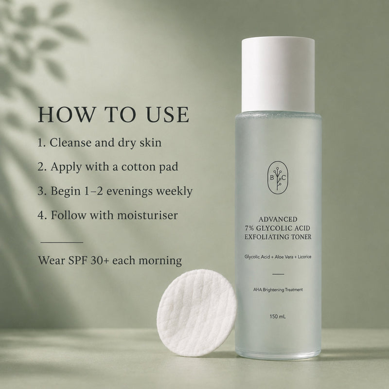 How to use 7% glycolic acid toner in an evening skincare routine with SPF guidance