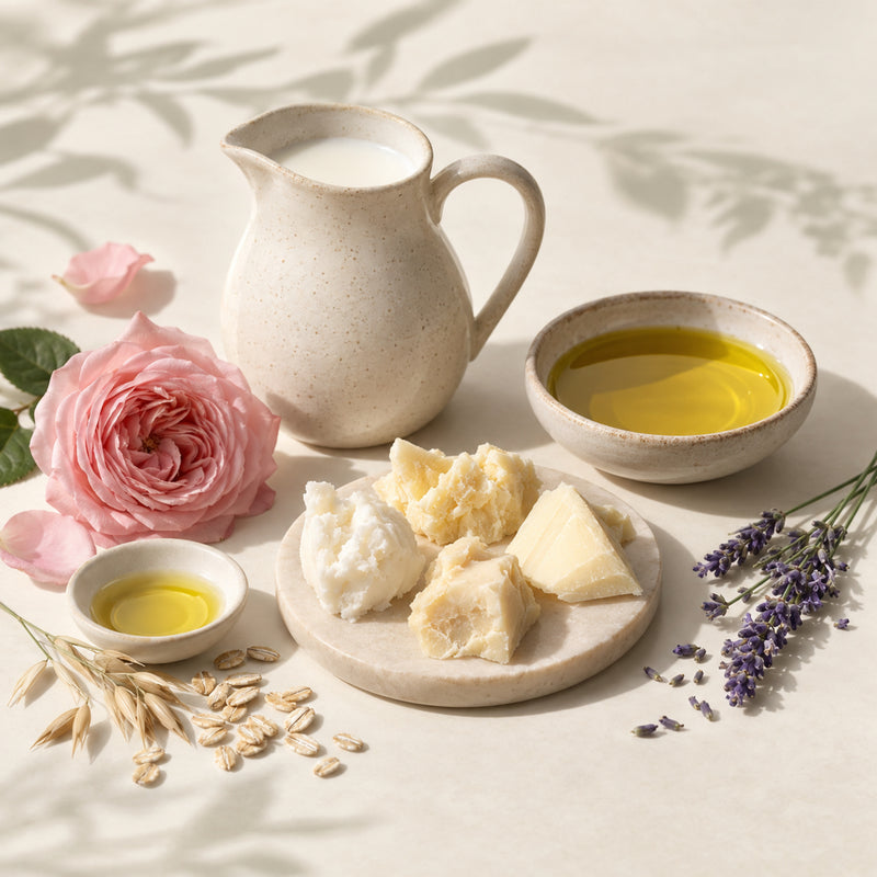 Goat milk soap ingredients including olive oil, natural butters, oats, rose and lavender