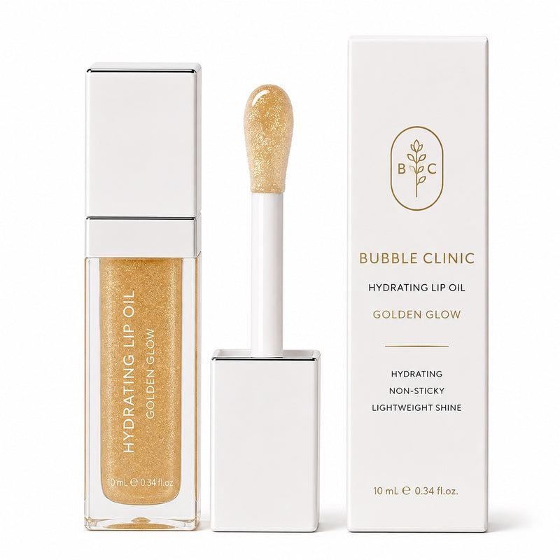 Bubble Clinic Golden Glow hydrating lip oil 10 mL with fine gold shimmer