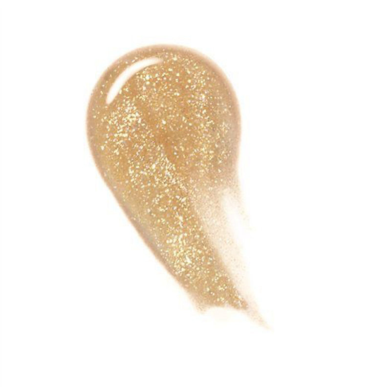 Golden Glow lip oil swatch with fine gold shimmer and glossy finish