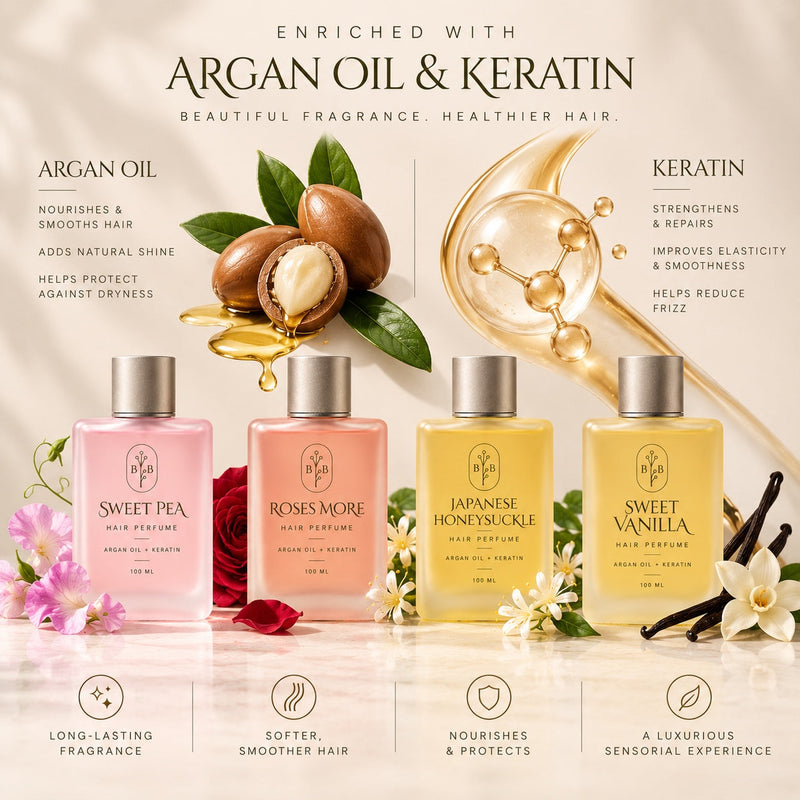 Sweet Vanilla hair perfume key ingredients – argan oil, olive squalane and keratin