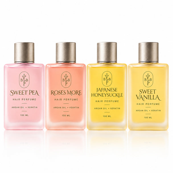 Hair perfume Australia with Sweet Pea, Roses More, Japanese Honeysuckle and Sweet Vanilla argan oil and keratin hair fragrance mists
