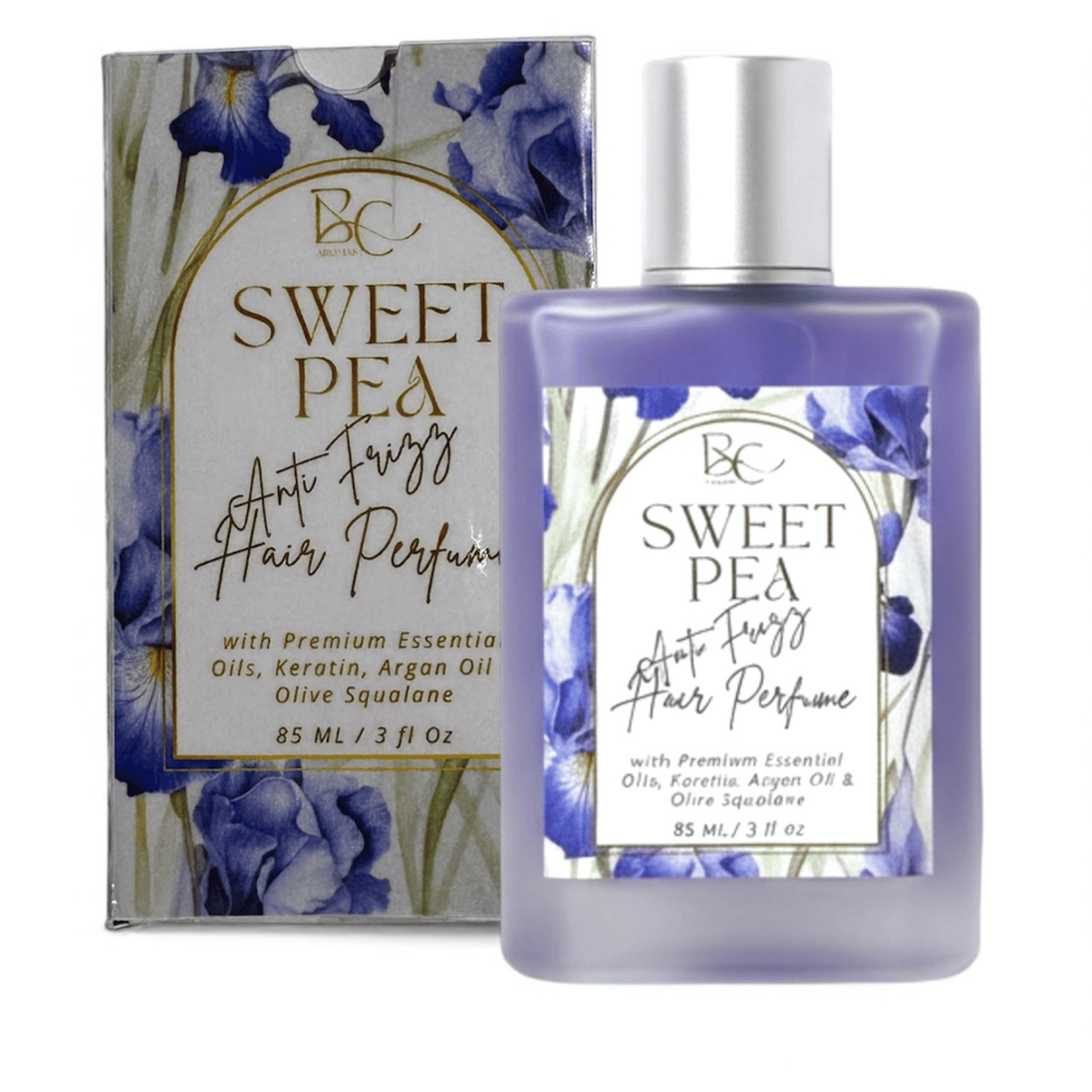 Sweet Pea hair perfume bottle and packaging with blue floral design on a white background representing best Australian luxury haircare