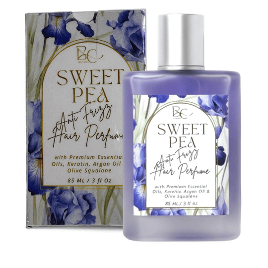 Sweet Pea hair perfume bottle and packaging with blue floral design on a white background representing best Australian luxury haircare