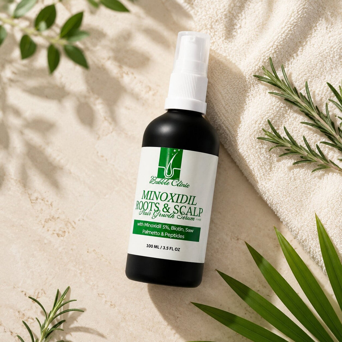 Bubble Clinic Hair and Scalp Serum flat lay with rosemary and cream towel