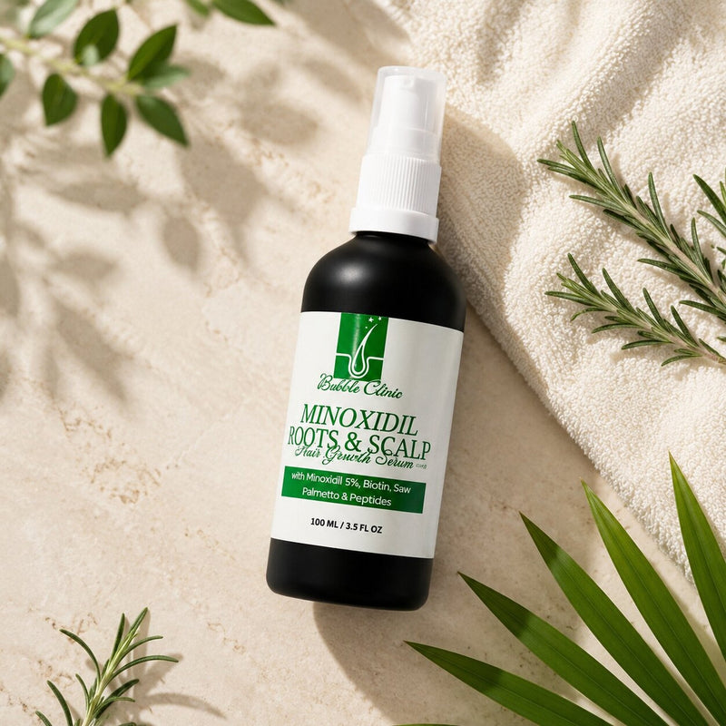 Bubble Clinic Hair and Scalp Serum flat lay with rosemary and cream towel