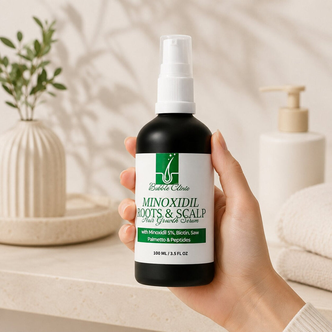 Hand holding Bubble Clinic Hair and Scalp Serum in a neutral bathroom setting