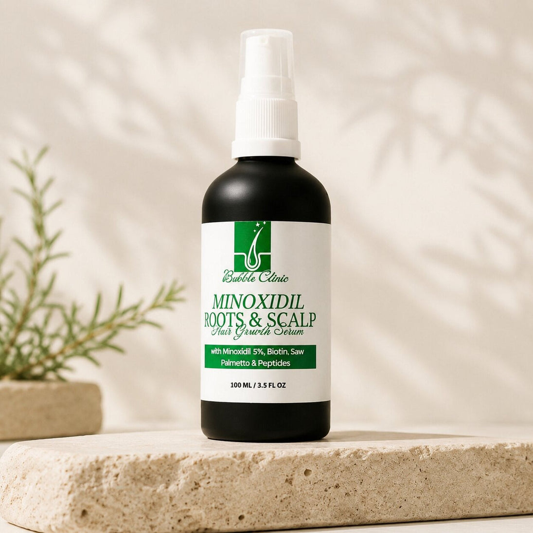 5% Minoxidil Intensive Hair + Scalp Serum bottle on travertine