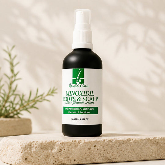 5% Minoxidil Intensive Hair + Scalp Serum bottle on travertine