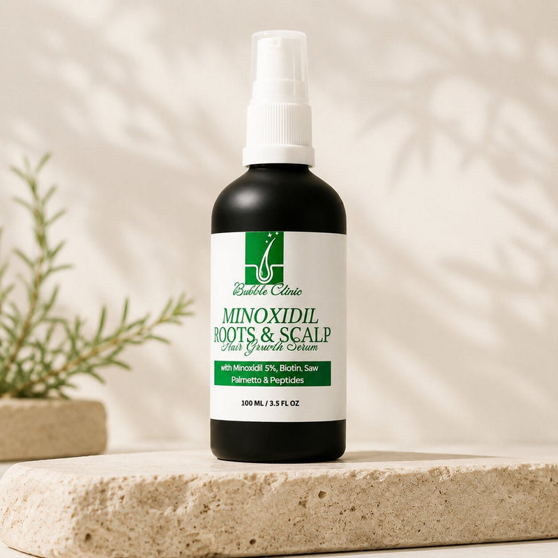 5% Minoxidil Intensive Hair + Scalp Serum bottle on travertine