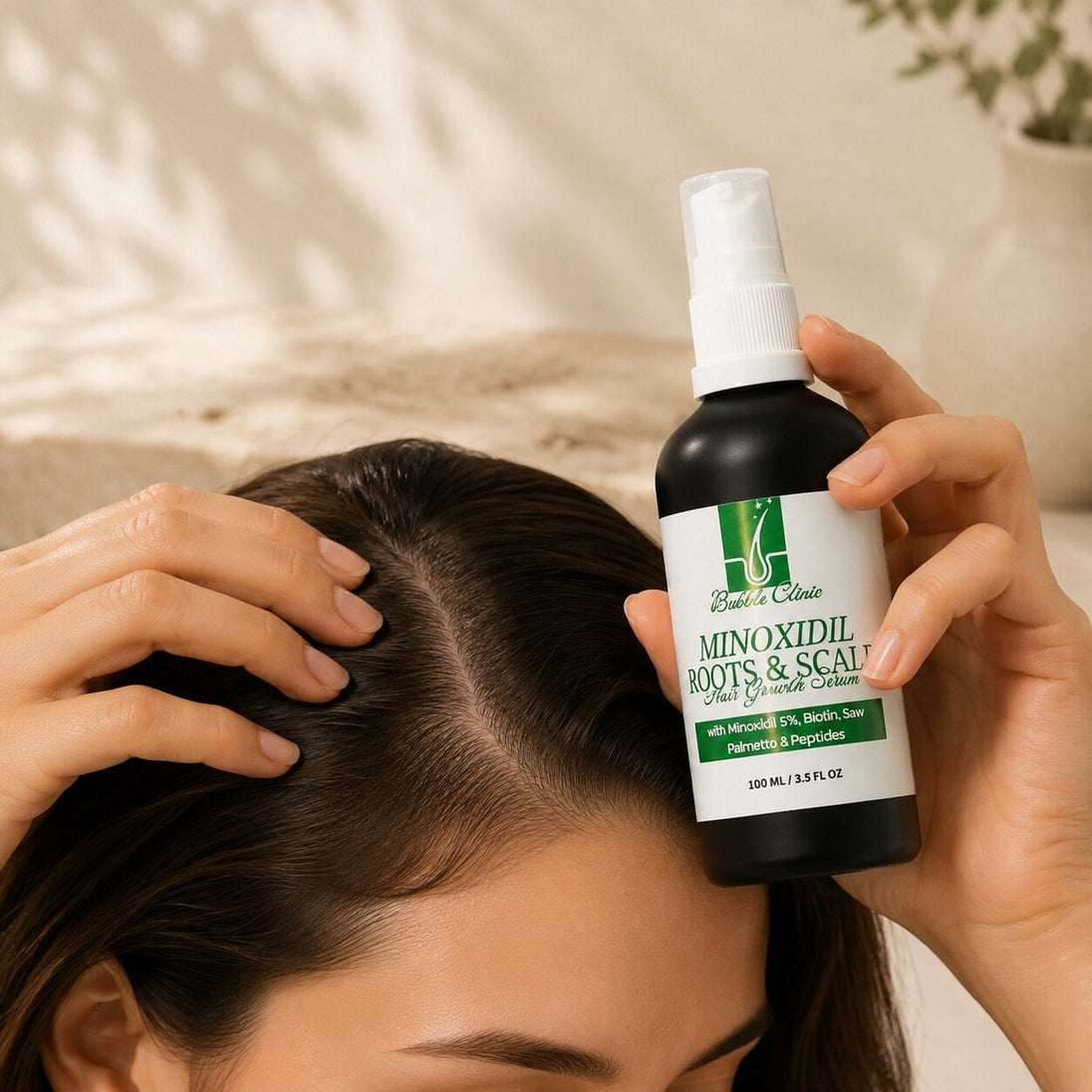 Hair and scalp serum bottle held beside a cleanly parted scalp