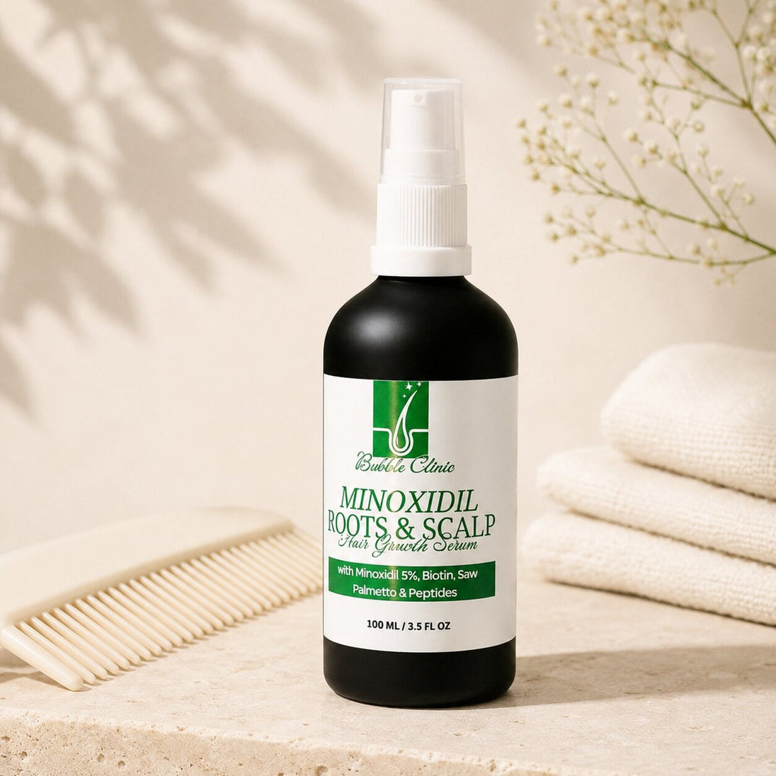 Hair and Scalp Serum bottle with treatment pump, comb and folded towels